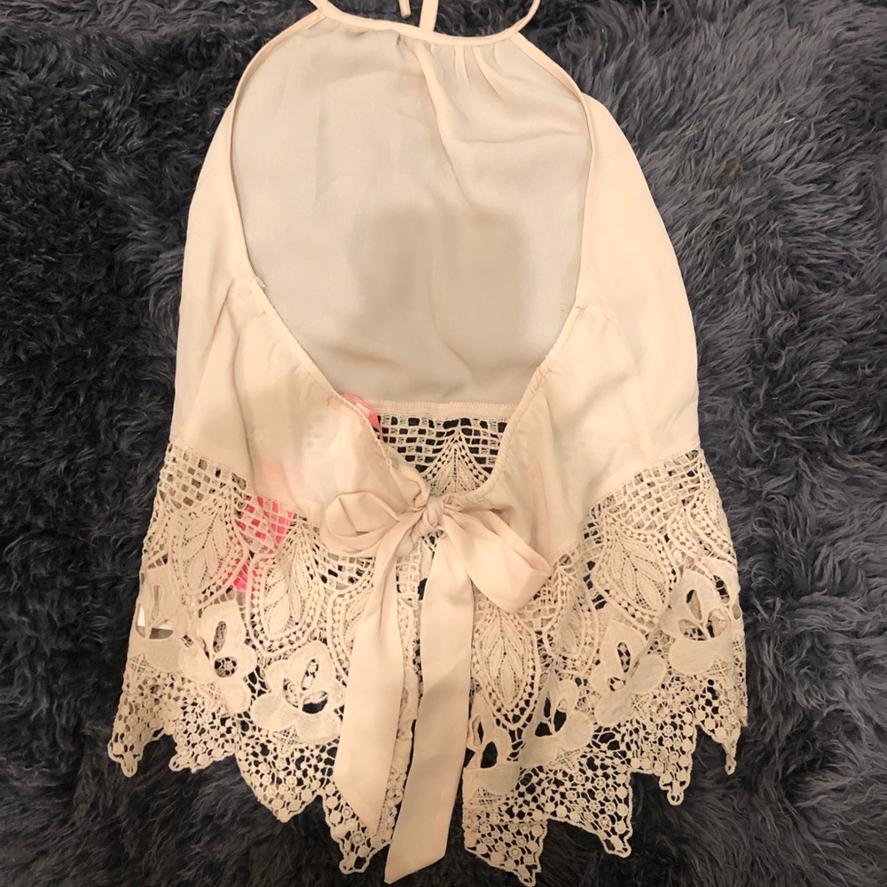 Taupe tie tank with lace detail